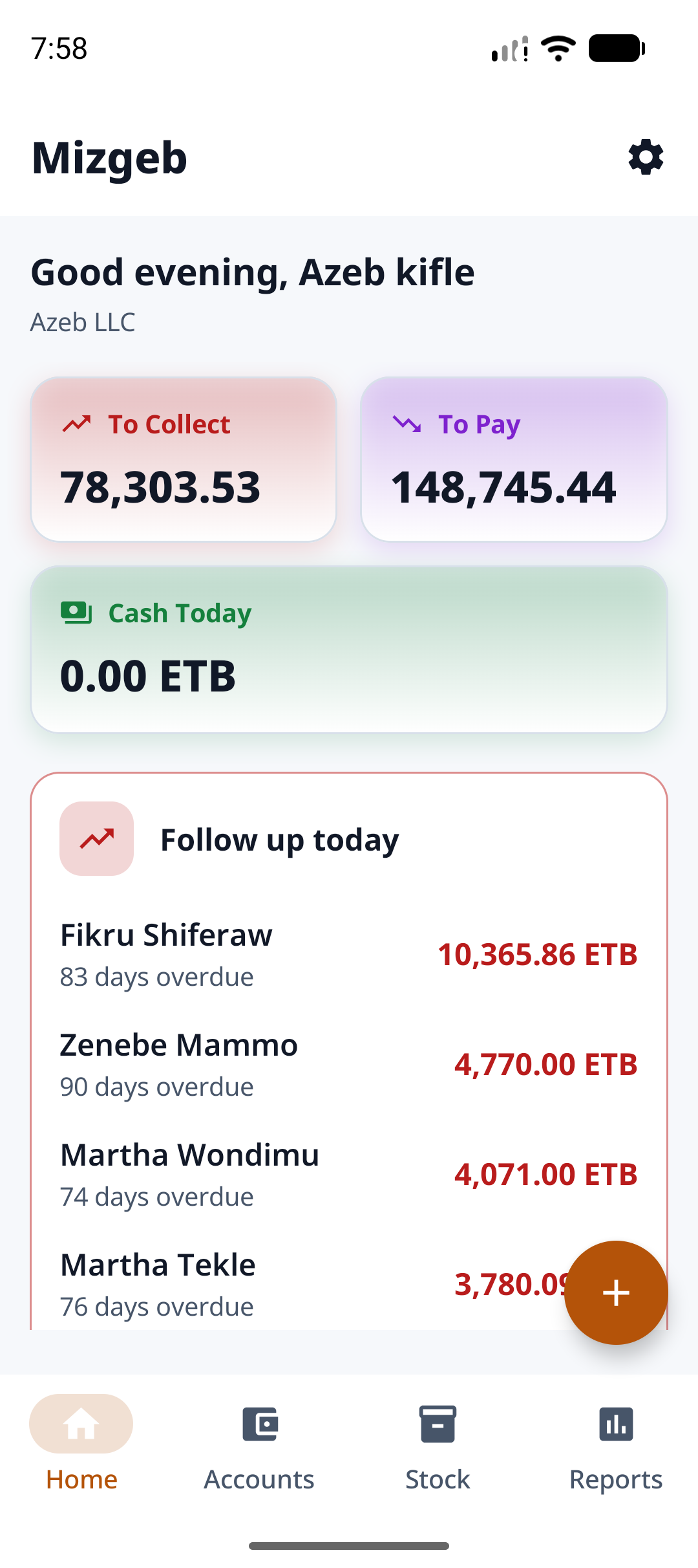 Mizgeb home dashboard showing the shop's daily totals and follow-up list